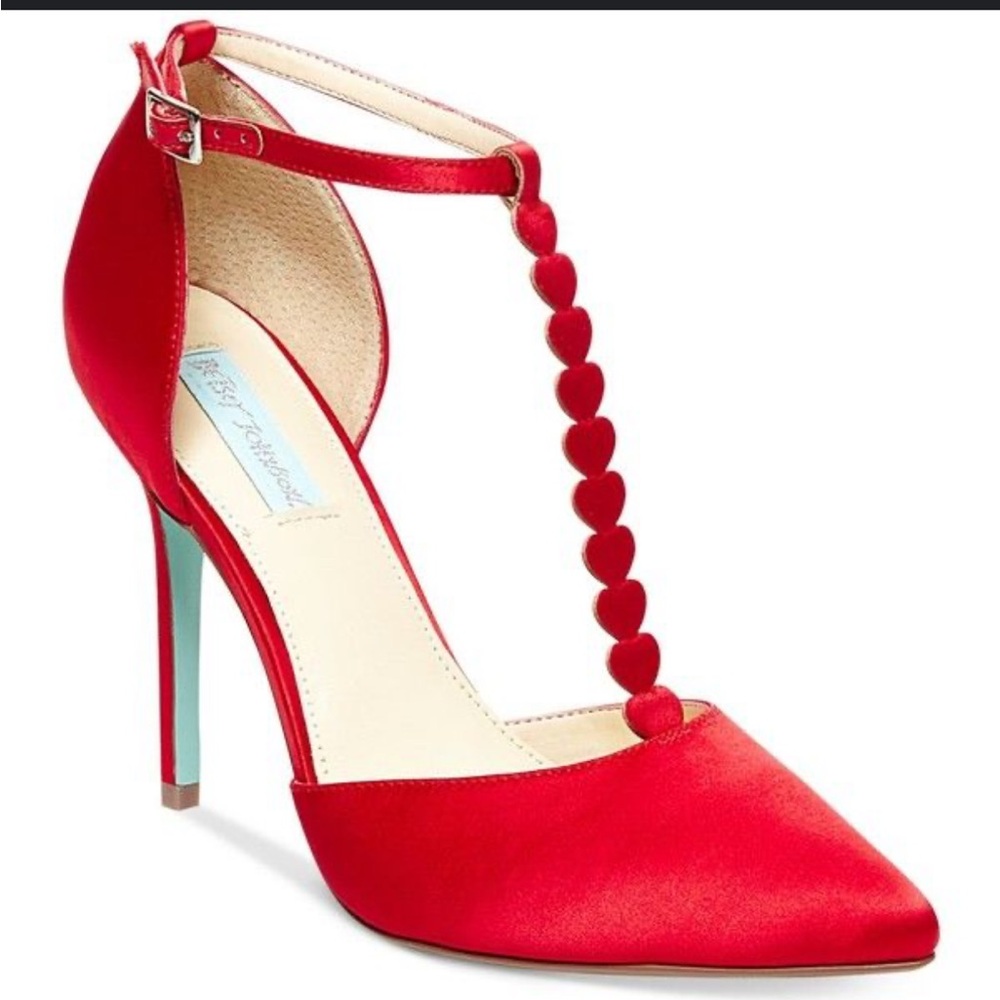 Red satin Stiletto Heels with Heart Strap